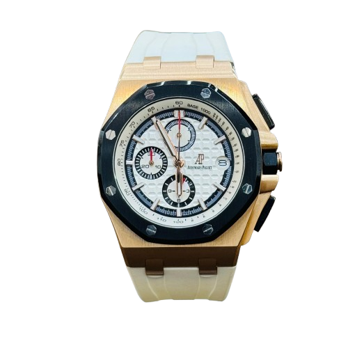 AP Royal Oak OFFSHORE إطار ذهبي × أسود مطاطي أبيض (أبيض)